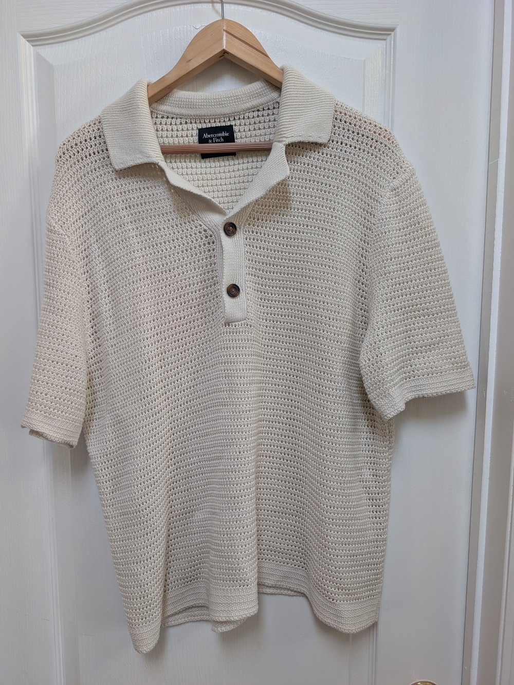 Abercrombie & Fitch Men’s L Cream Open Knit Crochet Polo 100% Cotton